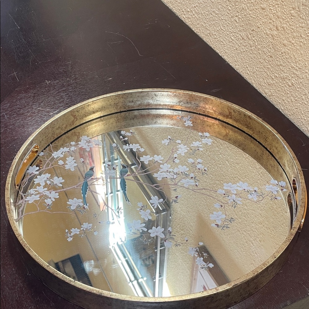 Gold Floral Mirror Tray - Decorative Wall Accent